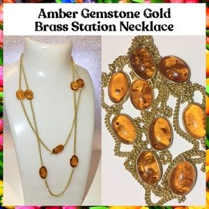 Bezel Amber Gemstone Gold Brass Station Necklace